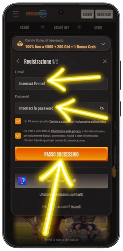 Inserimento email e password per la registrazione