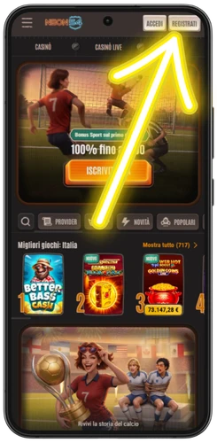 Pulsante di registrazione su casinò mobile